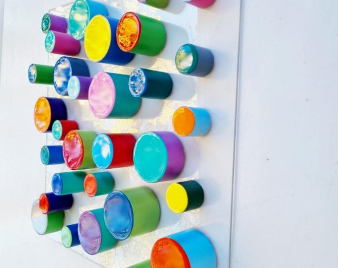 Hand Painted Wood Cylinder Wall Art: Colorful 3D Sculpture