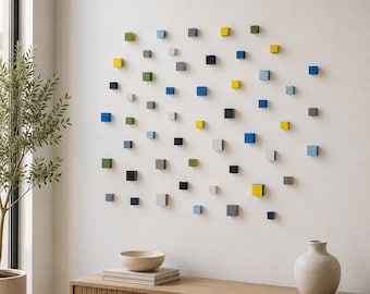 Floating Wood Cube Wall Installation | Hand Painted 3D Geometric Wall Art