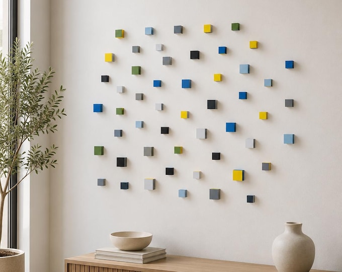 Floating Wood Cube Wall Installation | Hand Painted 3D Geometric Wall Art