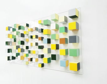 3D Wood Cube Wall Art, Modern Geometric large Sculpture Yellow