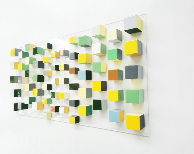 Yellow, green, white and grey wood art with resin on top face. Modern Sculpture. 3D Wood art. It can be hung vertically or horizontally.©