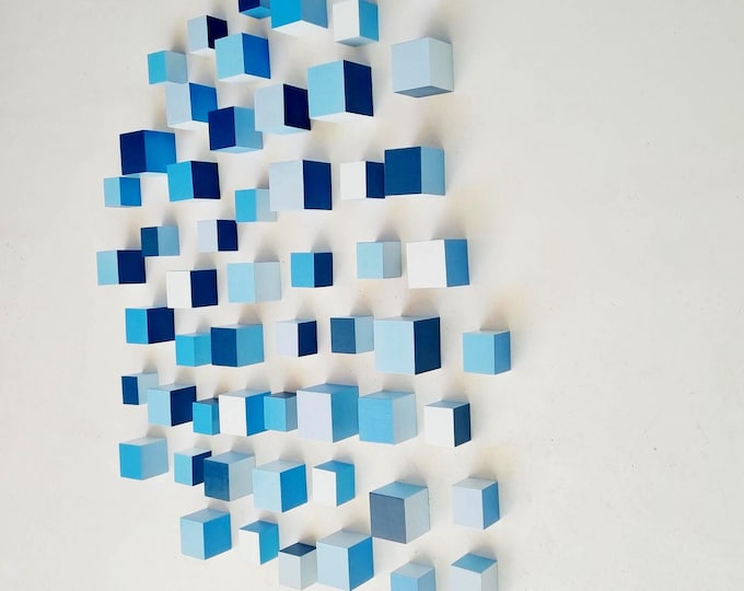 Blue Wood Wall Art, Modern Geometric Cube Installation, Hand Painted 3D Sculpture, Custom Quantity & Sizes