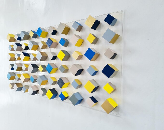 Wood wall art. Modern wood blocks. Geometric wall decor. 2 bases 23.6" X 23.6". Custom colors, gold, yellow and blue. 3d sculpture. ©