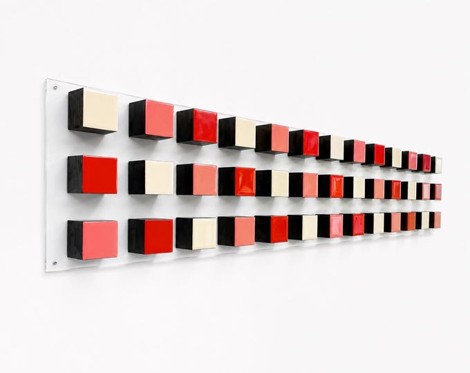 Long Narrow Wood Wall Art, Red Geometric Cube Sculpture, Hand-Painted Resin 3D Modern Decor