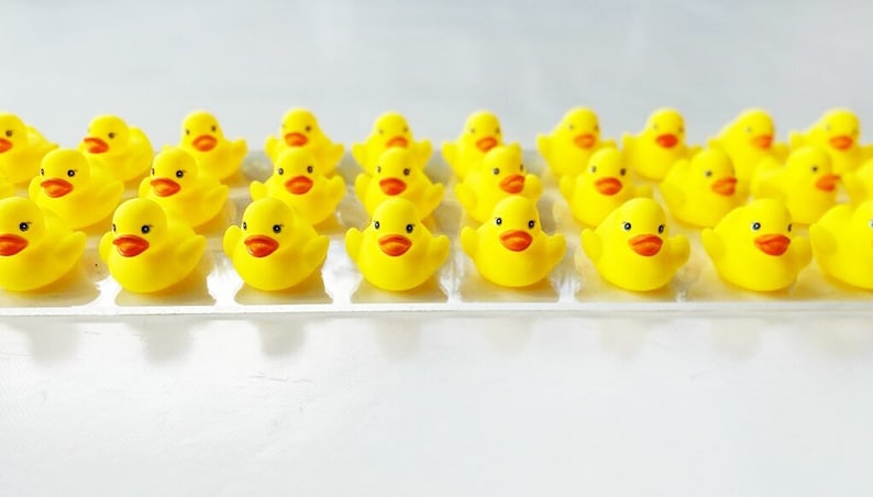 May include: A collection of 20 yellow rubber duckies with orange beaks arranged in rows on a white surface.