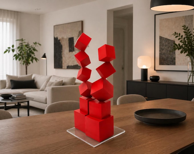 Red Wood Cube Sculpture – Hand Painted 3D Geometric Decor, Modern Minimalist Centerpiece, Abstract Desktop Art | NatswoodArt ©