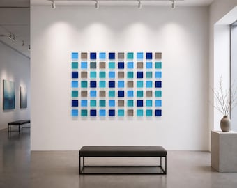 Large Blue Acrylic Installation with Colorful Clear Blocks, Choose Size and Color, 3D Wall Art Sculpture, Bold Art