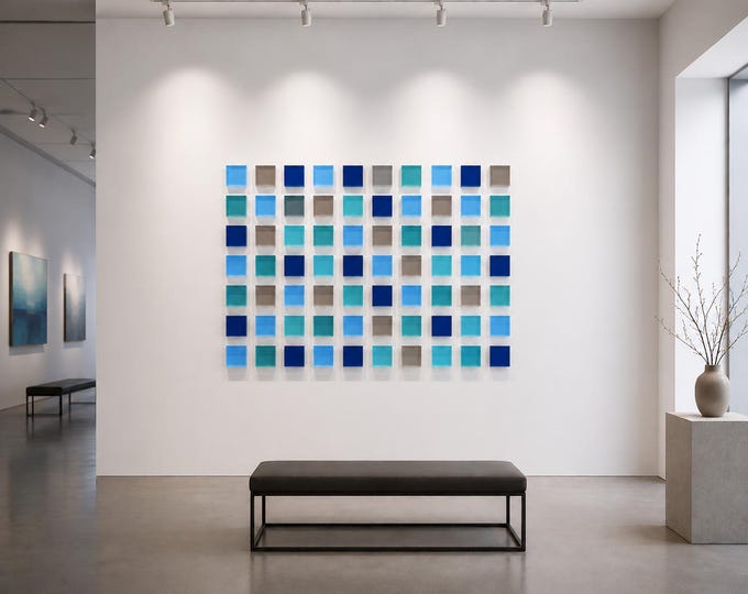 Large Blue Acrylic Installation with Colorful Clear Blocks, Choose Size and Color, 3D Wall Art Sculpture, Bold Art