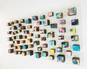 Modern Wood Cube Wall Art: Hand-Painted Resin Sculpture