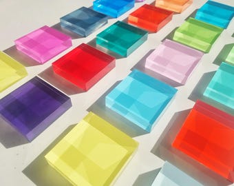 Packs of hand painted clear blocks 3X3X1" Add a vibrant touch to your space with these bright, and colorful 3D acrylic geometric cubes art