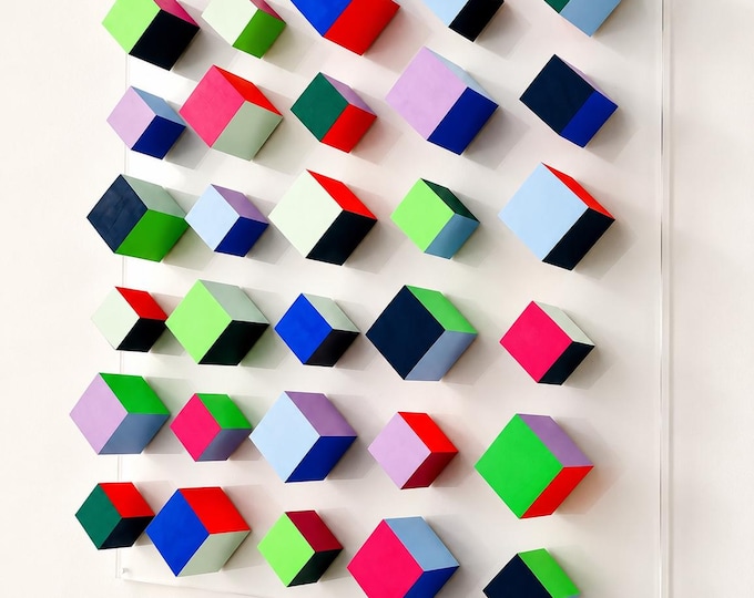 Colorful Wood Wall Art, 3D Geometric Sculpture, Handmade Modern Acrylic Panel Decor, Contemporary Cube Artwork