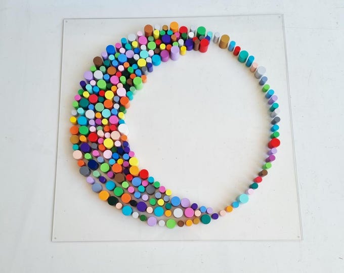 3D Acrylic Wall Art – Colorful Circular Wooden Dowel Sculpture on Clear Perspex Panel