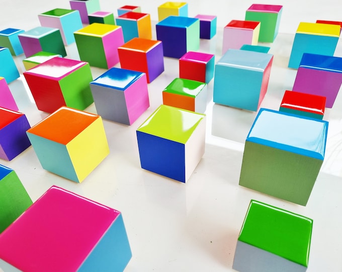Packs of 30 Hand-painted wooden cubes. Vibrant, bold colors. Modern Sculpture 3D with resin. Choose number and wood blocks and sizes