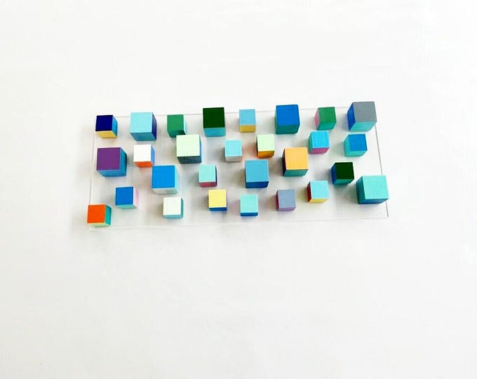 Colorful Wooden Cube Wall Art, Modern Geometric Sculpture, 3D Home Decor, Hand-Painted Design