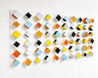 Large Geometric Wood Wall Art, 3D Cube Wall Sculpture, Modern Mosaic Decor, Floating Wooden Artwork, Hand Painted, Abstract Panel