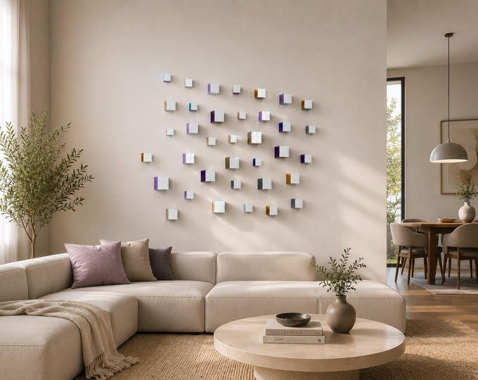 White 3D Wood Cube Art, Modern Sculpture, Neutral Lavender Blue Decor, Resin Installation