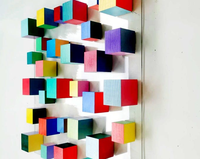 Handmade 3D Wooden Cube Wall Art: Modern Colorful Sculpture. Bold colors
