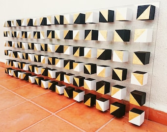 Modern 3D Cube Wood Wall Art: Gold Leaf Mosaic (31.5 X 23.6)
