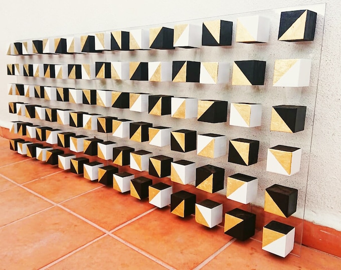 2 bases 31.5 X 23.6 Wood wall art.© Modern and geometric wood wall art. Mosaic. Cube Art. 3D art. Wall decor. Hand painted. Gold leaf ©