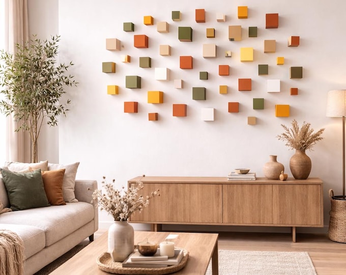 3D Wooden Cube Wall Art – Hand-Painted Geometric Sculpture, Scandinavian Decor