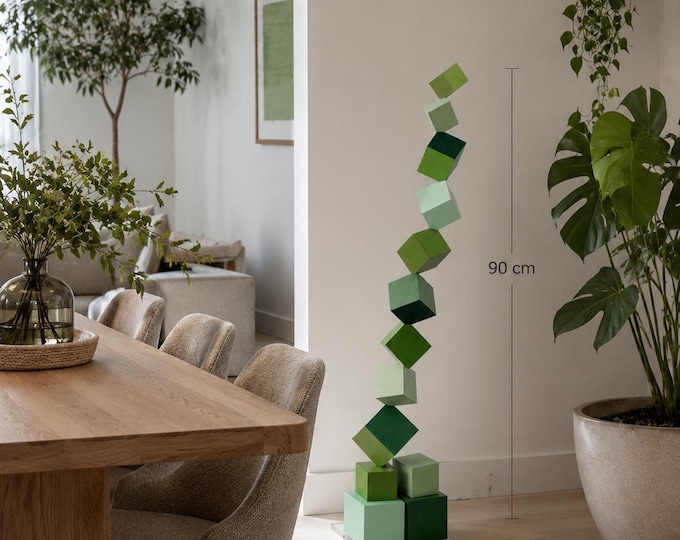 Green Abstract Sculpture, Geometric Wooden Art, Luxury Interior Decor, Handmade Statement Piece