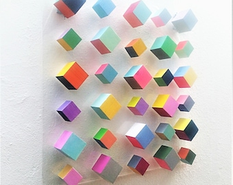 Abstract and modern wall art. © Wood art. Geometric wall art. Mosaic. Cube Art. 3D art. Floating Wall decor hanging