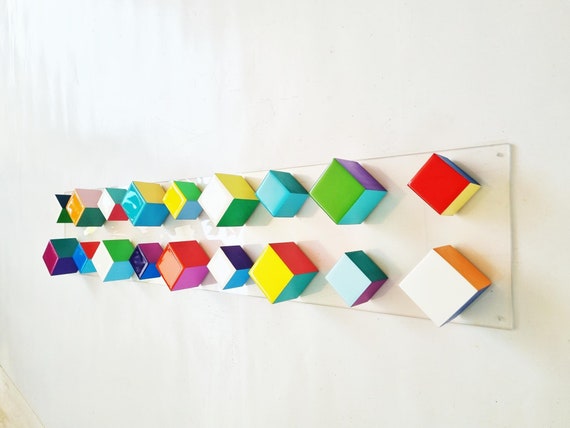 Long And Narrow Wood Wall Art. Hand Painted Cubes With Resin - Etsy