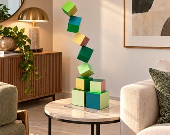Modern Geometric Wood Sculpture, Colorful Stacked Cubes, Handmade Abstract 3D Art, Green Wooden Tower, Contemporary Home Decor