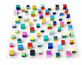 Large 3D Wood Wall Art, Hand Painted Resin Cubes, Colorful Geometric Sculpture, Modern Acrylic Panel Decor, 36x36"