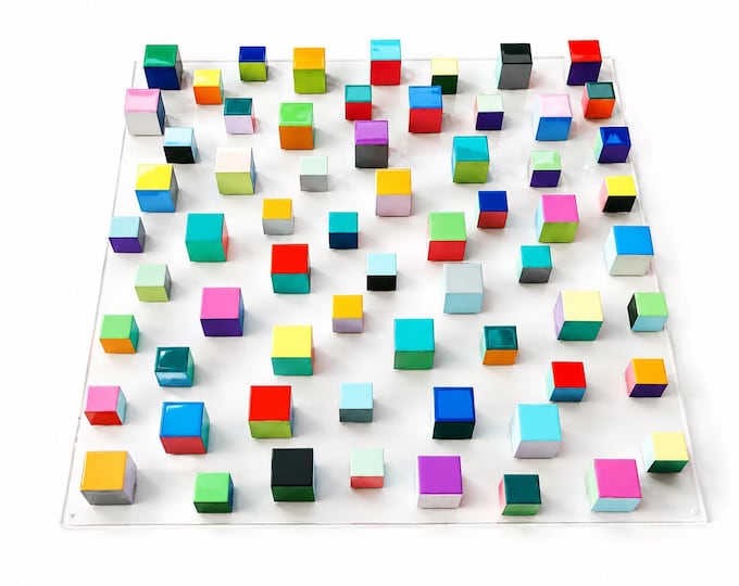 Large 3D Wood Wall Art, Hand Painted Resin Cubes, Colorful Geometric Sculpture, Modern Acrylic Panel Decor, 36x36"