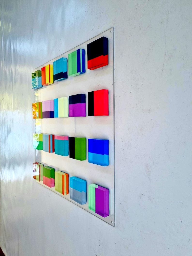 Hand Painted Acrylic Blocks, Floating 3D Geometric Wall Sculpture, Custom Lucite Installation, Colorful Modern Decor image 4