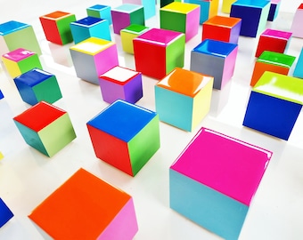 PACKS of hand painted colored wooden cubes with high quality,shiny epoxy resin front face.Choose the number of Self install wall art cubes ©