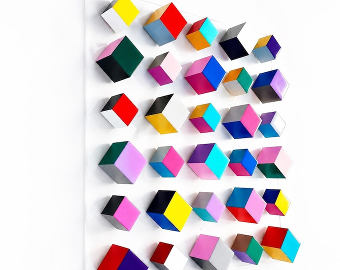 Geometric Wood Wall Art: Hand-Painted Cube Sculpture with Resin Finish. Colorful decor