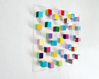 3d wall art, Wood wall art in happy colors, Hand painted wood cubes with resin on top face, Block sculpture art, Modern geometric design ©