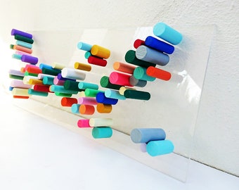 Original and modern wood wall sculpture. Rectangular wood wall art.© Floating transparent base. 3D art.