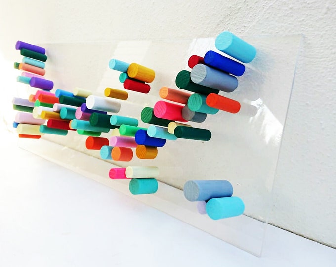 Original and modern wood wall sculpture. Rectangular wood wall art.© Floating transparent base. 3D art.