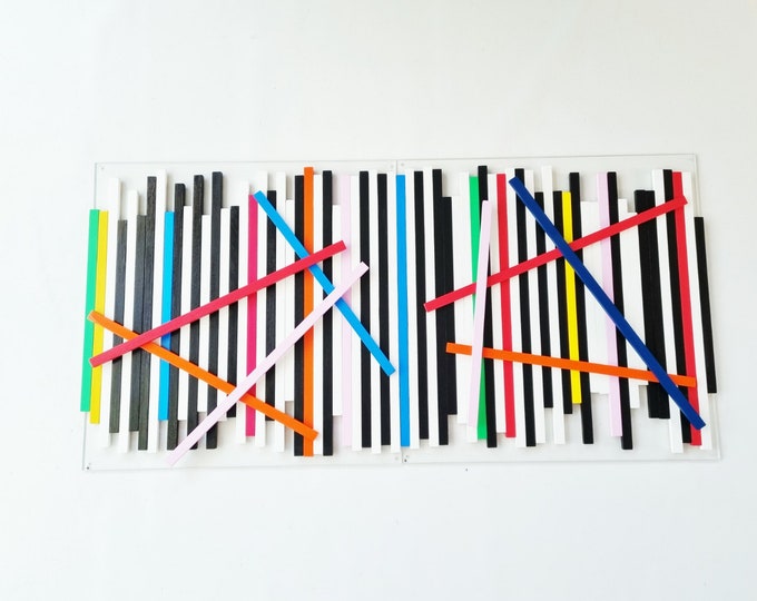 Wood wall art, large wood art. Slats in happy and bold colors, wall sculpture, 3d wall art. Modern wall decor, 2 bases 23.6" X 23.6"©