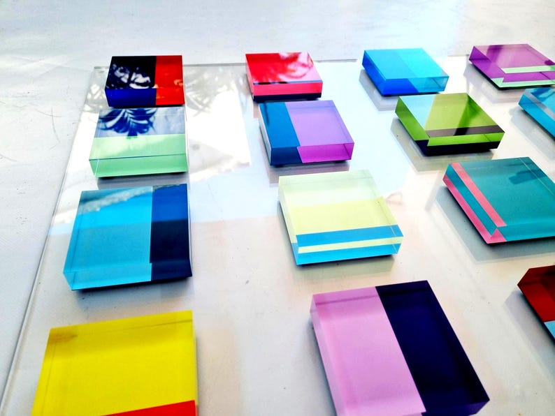 Hand Painted Acrylic Blocks, Floating 3D Geometric Wall Sculpture, Custom Lucite Installation, Colorful Modern Decor image 2