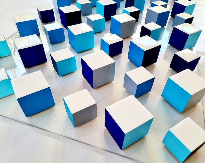White & Blue Cube Wall Art, Resin Geometric Sculpture, 3D Acrylic Panel Decor, Luxury Modern Artwork