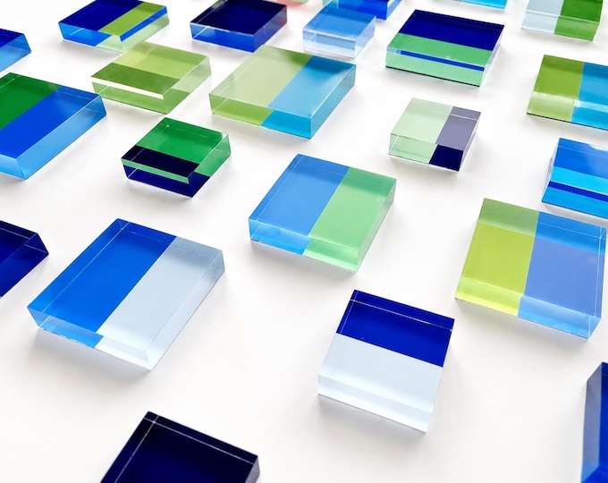 Pack of blue, green and light yellow color acrylic blocks. Easy install with double-sided tape. Choose sizes and colors. 3d modern art.