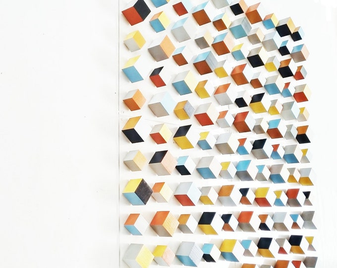 Extra large 3D Wall Art. Hand painted wooden cubes in natural colors. Modern geometric wood wall Sculpture. Geometric design. Ready to hang.
