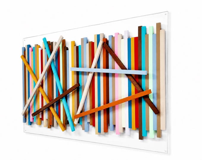 Large Colorful Wall Installation, Geometric Wood Slats, Acrylic Panel, Custom Handmade Art