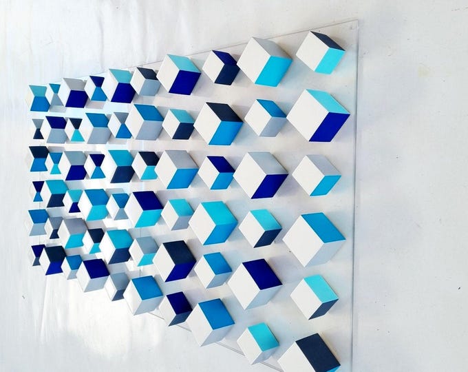 White & Blue Cube Wall Art, Resin Geometric Sculpture, 3D Acrylic Panel Decor, Luxury Modern Artwork