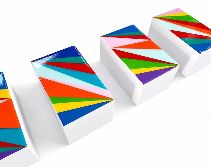 Hand Painted Geometric Wood Blocks, Colorful 3D Wall Art, Resin Finish, Modern Pop Decor, Custom Installation Set