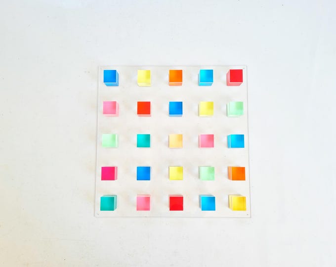 Acrylic cubes on Lucite glass panel. Hand painted bold transparent blocks. 3d wall sculpture. Happy bright colors. Modern minimalist art