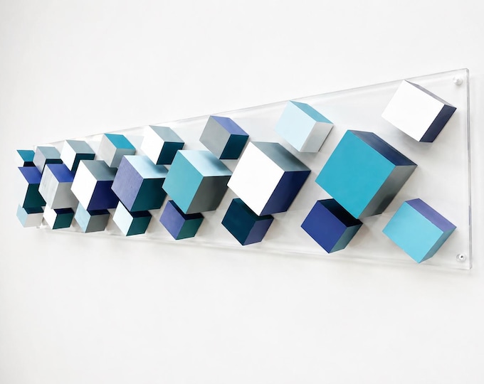 Modern Wood Wall Art, Large Neutral Geometric Sculpture, Gray White Mosaic Panel, Long Narrow Contemporary Wall Decor