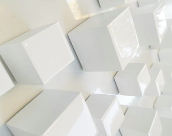 Cubes hand painted white. Modern Resin Sculpture. Geometric 3D Wood Wall Art 24" X 24"