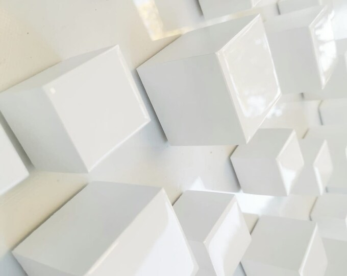 Cubes hand painted white. Modern Resin Sculpture. Geometric 3D Wood Wall Art 24" X 24"