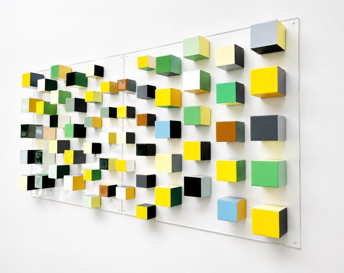 Modern Wood Wall Art, 3D Geometric Cube Sculpture, Yellow Green Resin Artwork, Large Acrylic Panel Decor