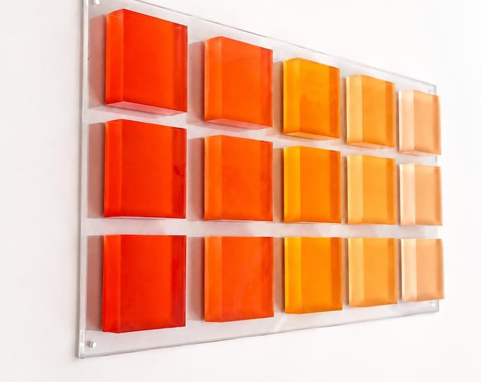Hand-Painted 3D Acrylic Wall Art | Orange Gradient Blocks on Clear Panel | Modern wall sculpture.